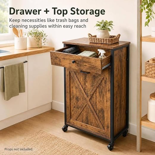 VINGLI 13 Gal Tilt Out Trash Can Cabinet with Drawer & Wheels, Rustic Brown | Wood Hidden Trash Can Kitchen Cabinet with Drawer, Freestanding Pet Proof Storage Organizer, Laundry Basket