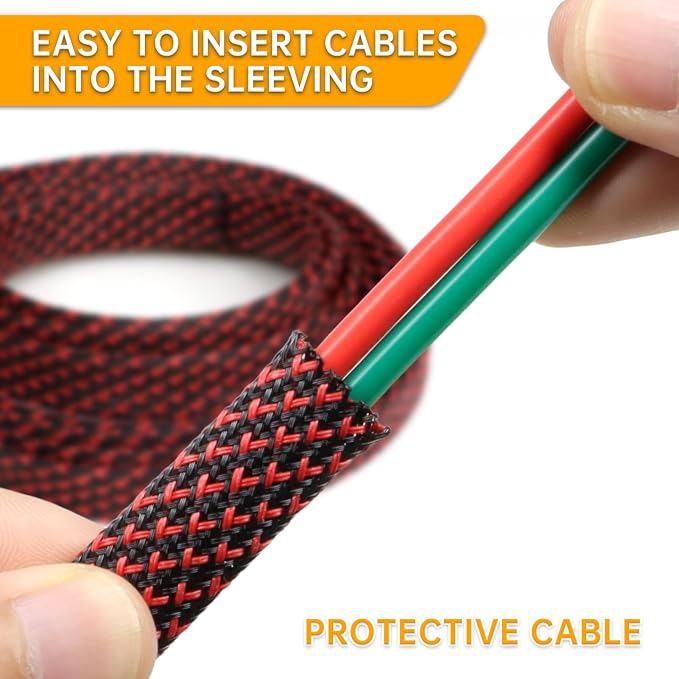 Braided Cable Sleeve 33ft, PET Expandable Wire Loom for Automotive Wiring Harness & PC Computer Case, Audio Video Cable Management System (Red~Black, 16mm (5/8"))