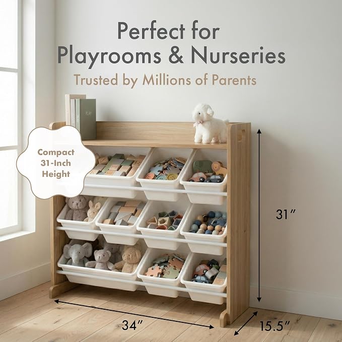 Humble Crew Kids Toy Organizer with Display Shelf, 9 Bins, 3 Tier Storage | Sturdy wood and steel toddler shelf, removable BPA-free containers, wall anchor anti-tip safety kit for bedroom or classroom