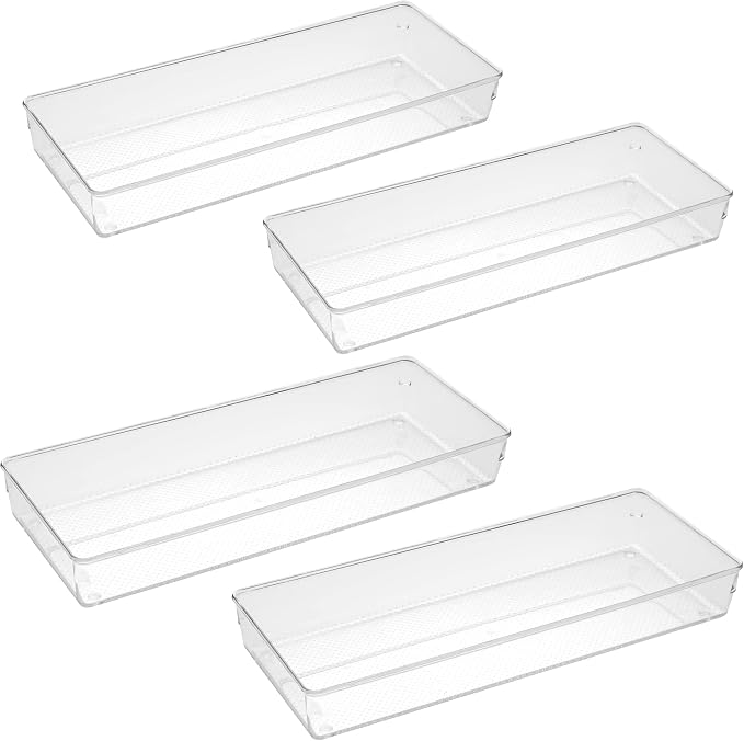 4Pack Large Size Clear Plastic Desk Drawer Dividers Drawer Organizer Wide Tray for Makeup,Kitchen Utensils,Silverware,Jewelries and Gadgets 15’’x6’’