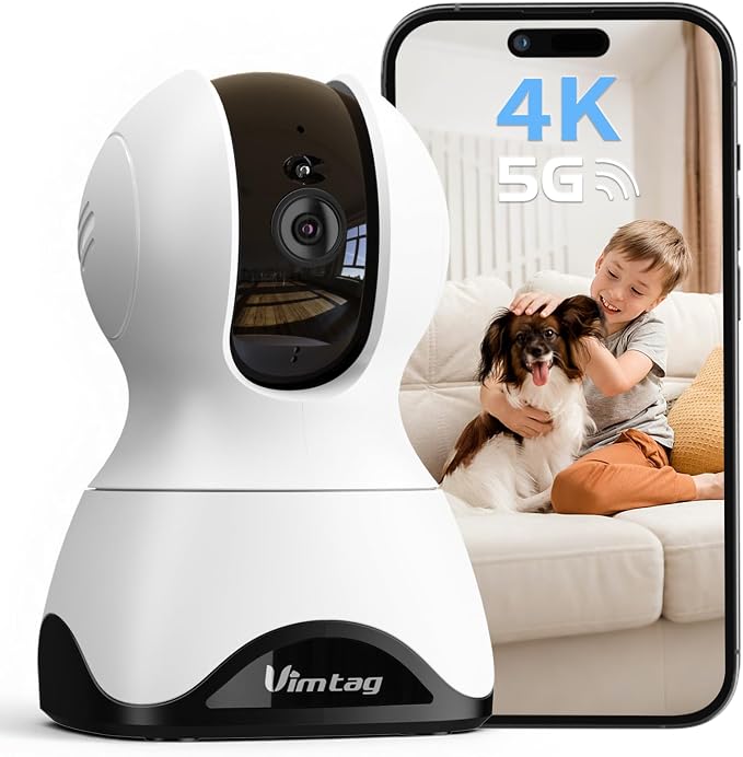 VIMTAG 4K 8MP Pan/Tilt Indoor Camera for Pet/Dog/Cat/Baby/Nanny/Home Security with Phone APP, Motion Tracking, Night Vision, 2-Way Audio, AI Detection, 5G/2.4GHz WiFi, Cloud & SD Card, Works w/Alexa