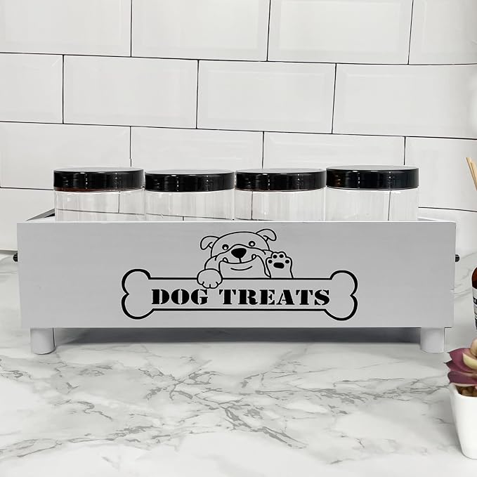 Large Dog Treats Container, Dog Cookie Jar for Dogs Cat Treats Container, Farmhouse Wood Pet Treats Storage Organizer for Dog Food Storage Container with 4 Jars, Cat Dog Treat Organizer(White)