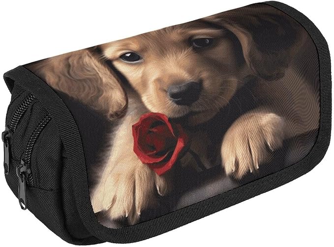 Pencil Pouch Cute Pet Dog Pencil Case Zipper Storage Bag with 2 Compartments Portable Multifunctional Bag Desk Organizer Marker Pen Case