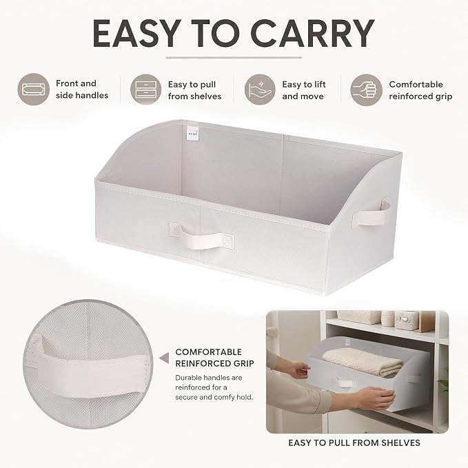 WUIKE Trapezoid Closet Storage Bins with Handles, White & Beige, 3 Pack | 19.5"L x 11"W x 8"H, Closet Shelf Organizer, Home Storage for Handbags, Clothes, Towels, Wardrobes, and Living Rooms