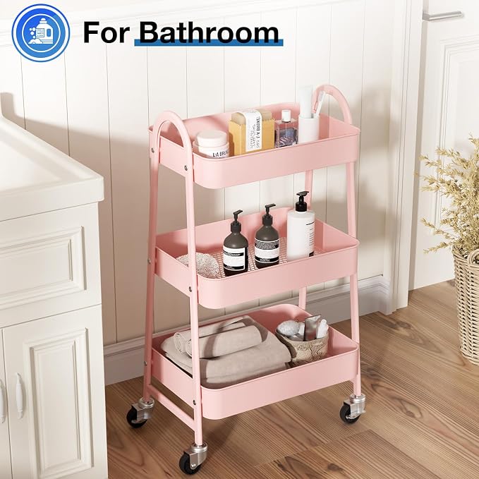 OLIXIS Metal Rolling Storage Utility Cart with Lockable Wheels 3 Tiers | Mobile Organizer Shelf, Space-Saving, Freestanding, Bathroom, Living Room, Slim, Narrow Corner Spaces, Pink