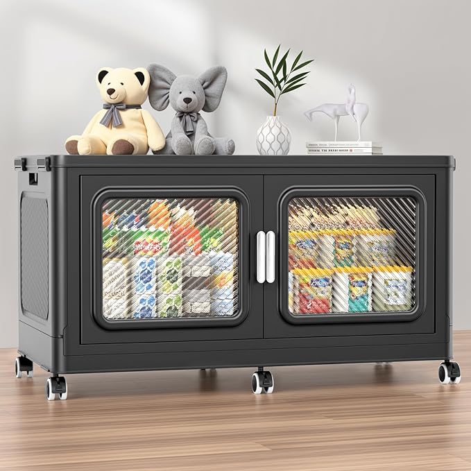 BROVIEW 220 Qt Extra Large Stackable Storage Bin with Lid, 1 Pack Black | 55Gal Extra Large, Collapsible Storage Boxes with 1 Lid, Folding& Rolling Plastic Drawer, Heavy-Duty Cabinet Organization