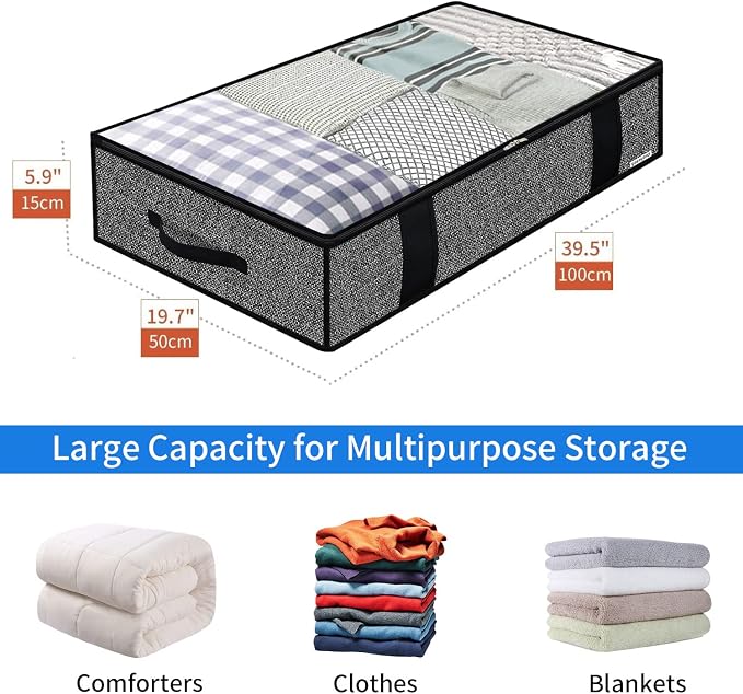 Onlyeasy Foldable Underbed Bags - 2 Pack Blankets Clothes Comforters Storage Bag Breathable Zippered Organizer for Bedroom with Clear Window and 4 Handles, 100 x50 x15cm, Linen-Like Black, MXAUBBP2