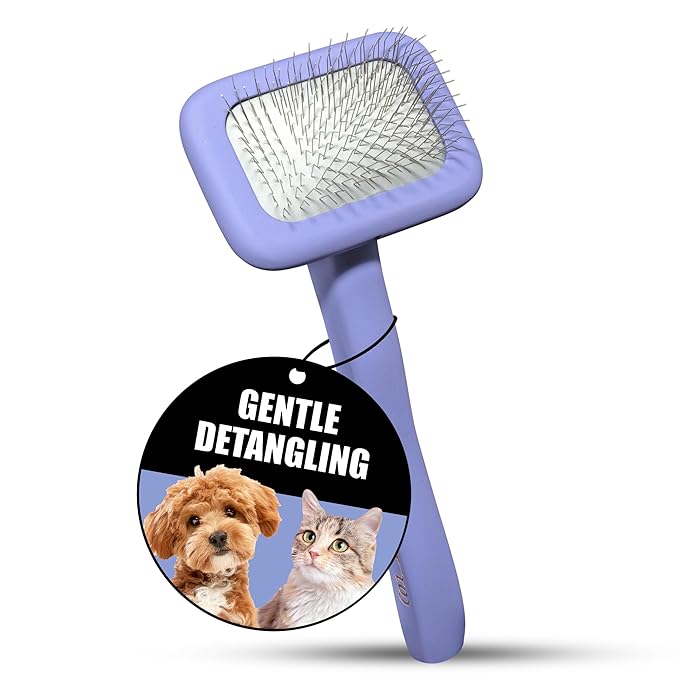 Tauro Pro Line Slicker Brush for Small Dogs & Cats, Deshedding, Dematting & Detangling Grooming Tool for Medium to Long Coats, Ideal for Pomeranians & Yorkies, Flexible Cushion, Purple, Small Size (S)