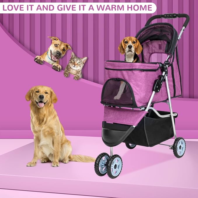 BLKMTY 3 Wheels Dog Stroller, Foldable Stroller for Cat, Dogs Waterproof Travel Carrier Strolling Cart for Puppy Small Dog Jogger Strollers W/Cup Holder & Storage Basket, Purple