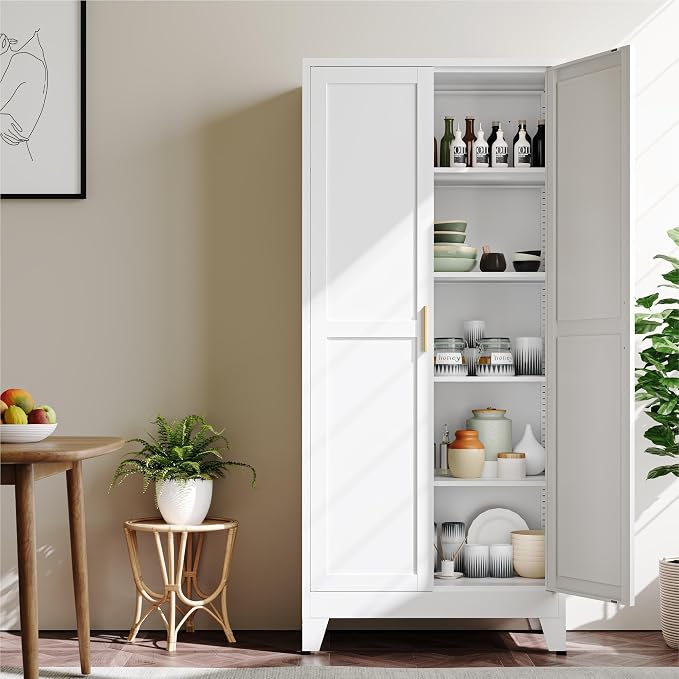 YAUWOH 71''Metal Cabinet with 4 Adjustable Shelves,5-Tier Pantry Storage Cabinet,Kitchen Pantry Cabinet for Living Room,Dining Room, (1PC,White)