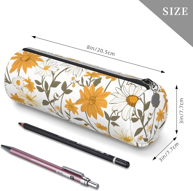 OSAM SPACE Leather Pencil Case Round Pencil Bag Daisy Floral Pen Organizer Holder Portable Zipper Pouch Cute School Supplies for Girls Boys Study Office