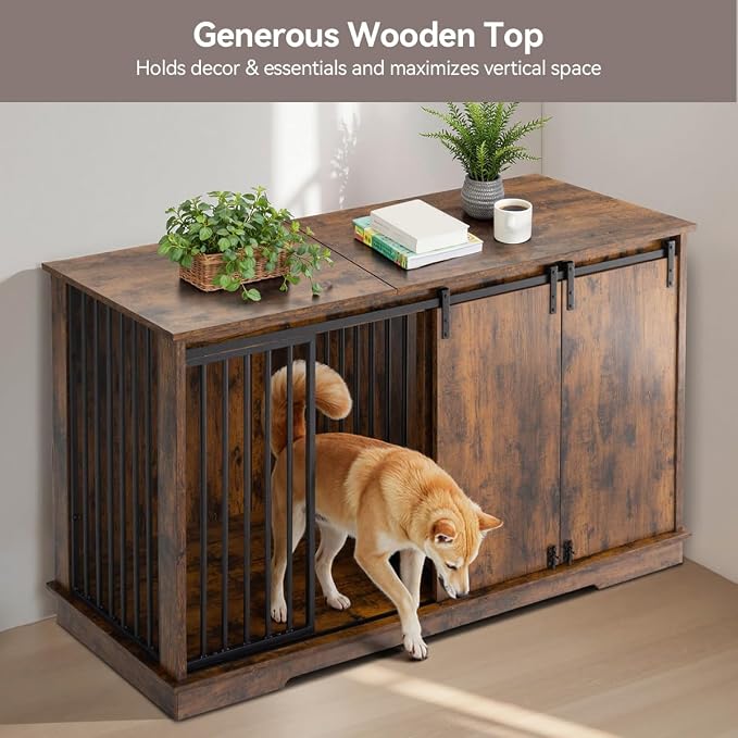 Dog Crate Furniture for 2 Dogs, 60.6 inch Extra Large Wooden Dog Kennel Furniture with Removable Divider and Double Sliding Doors, TV Stand, Side Table, Brown