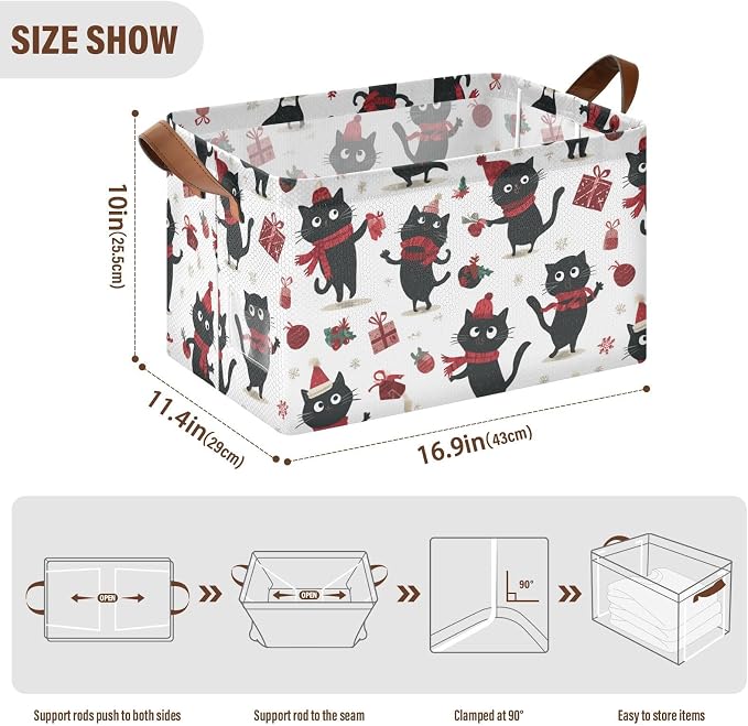 Christmas Cartoon Black Cat Storage Basket Foldable Cube Storage Bins with Handles&Label Waterproof Collapsible Organizer Box Bin Large Rectangle Decorative Baskets for Shelves Home Room Laundry-2 PC