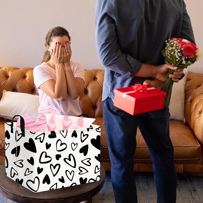 Rectangular Valentines Day Gift Basket Empty,Heart Gift basket Organizer Bins for Girls Room Decor,Nursery hamper,Easter decor(Lovely black heart)