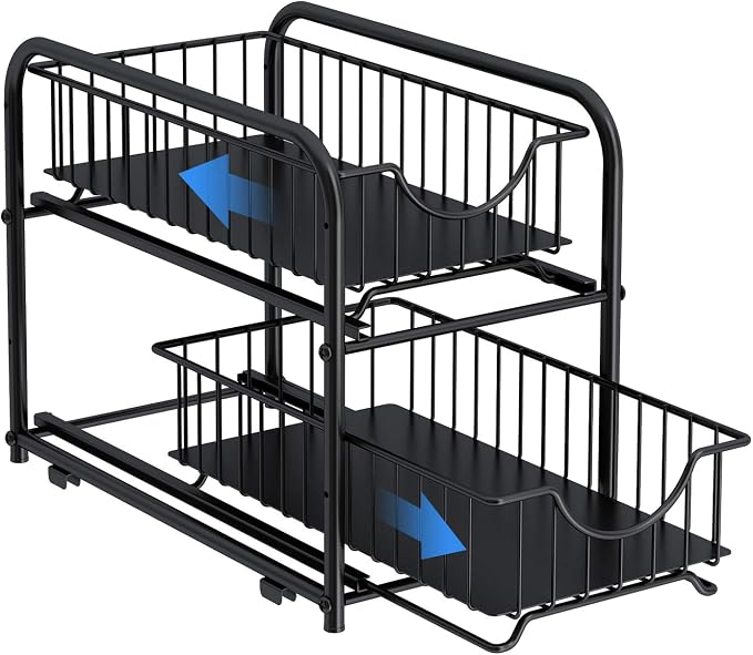 2-Tier Pull Out Organizer Under Sink Sliding Cabinet Rack,Black | Stackable Sliding Storage Drawer organizer with adjustable height and anti slip pad. Kitchen,Office or Cabinet Storage