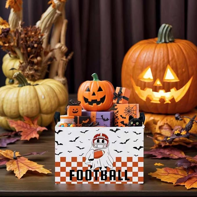 Halloween Basket Gift Cute Ghost Parties Decor Kid Trick or Treat Basket for Boys and Girls Rectangular Storage Bin Box (Football Bat)