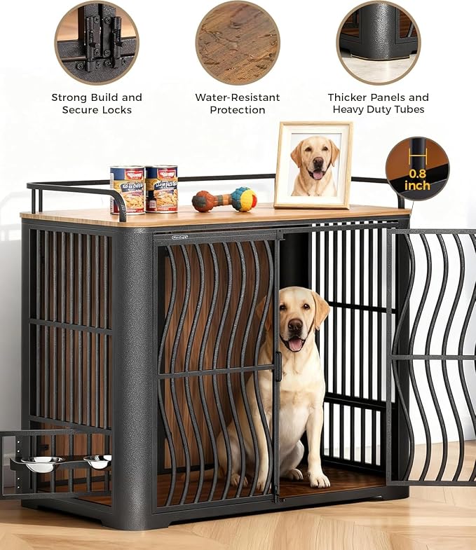 48 Inch Large Dog Crate Furniture, Heavy Duty Wood Dog Kennel Furniture Indoor for Large and Medium Dogs, Pet Crate Furniture with Adjustable Rotating Hanging Bowl and Table, Brown