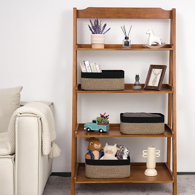 Goodpick 3-Pack Wicker Storage Baskets for Shelves, 13 x 8 x 5 in | Woven Baskets for Shelves, Closet Organizer Bins, Empty Baskets for Gifts,Woven Basket for Play Room, Black & Jute
