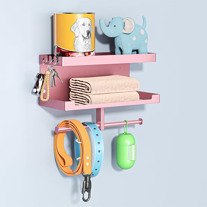 Dog Leash Holder for Wall, Leashes Hanger, Wall Mounted Dog Stuff Storage and Organizer, Metal Key Holder Pet Leash Hooks for Leashes, Training Treats, Chew Toys, Keys, Large (Rose Gold)