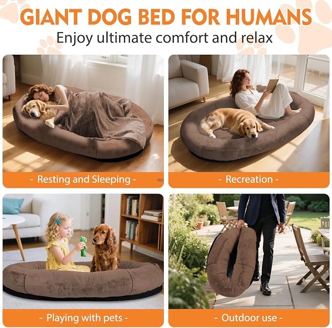 Human Dog Bed,71"x45"x14" Human Size Giant Dog Bed for Adults and Pets,Washable Faux Fur Cover Napping Orthopedic Bean Bag Bed for Humans with Blanket and Pillow,Coffee