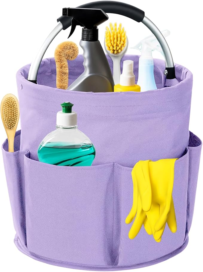 Cleaning Caddy with Handle, 17L Foldable Cleaning Supplies Organizer, Portable Storage Basket, Cleaning Supply Caddy, Multifunctional Cleaning Bucket Bag for Garden, Home, Kitchen (Purple)