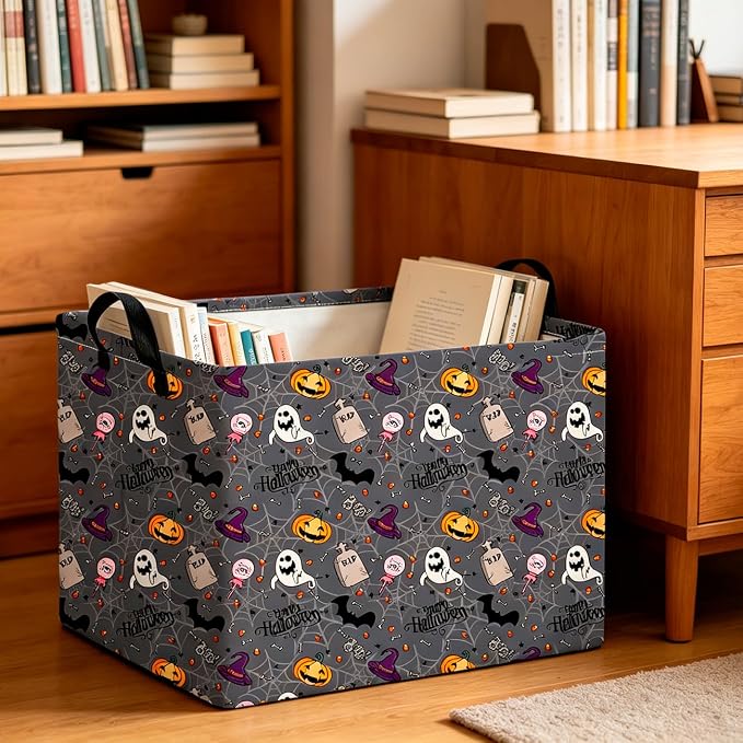 CLOCOR Rectangular Storage Basket,Collapsible Cute Pattern Storage Bin,Waterproof Books Box with Handles,Gift Basket(Grey Tombstone Halloween)