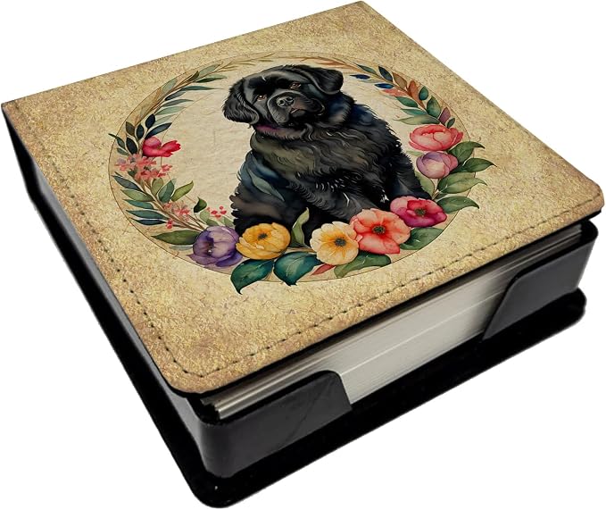 Caroline's Treasures Newfoundland and Flowers PU Leather Note Paper Holder with Artist-Designed Cover, Desk Accessory, Office Gift