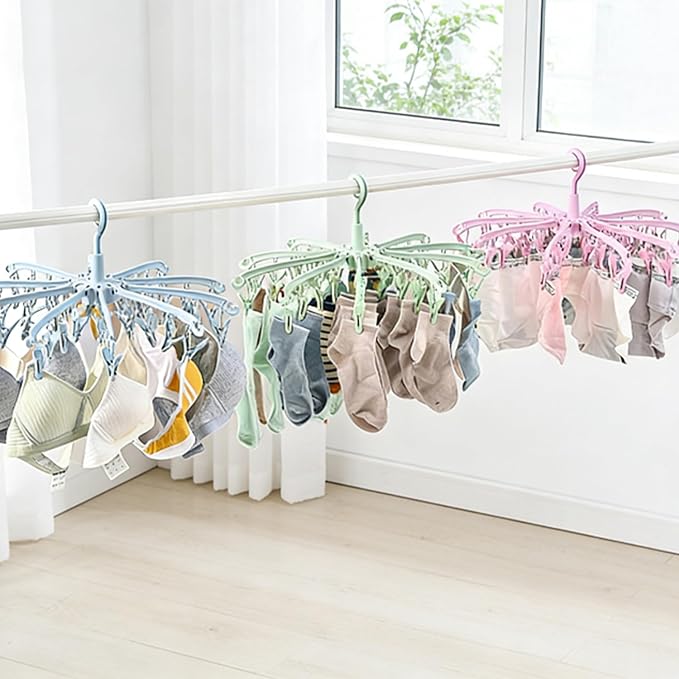 Clothes Sock Drying Hanger with 40 Clips,Foldable Hanging Rack | for Drying Socks Lingerie Baby Clothes Drying Towels Rotatable Sock Drying Rack with 40 Pegs Clips(Green)