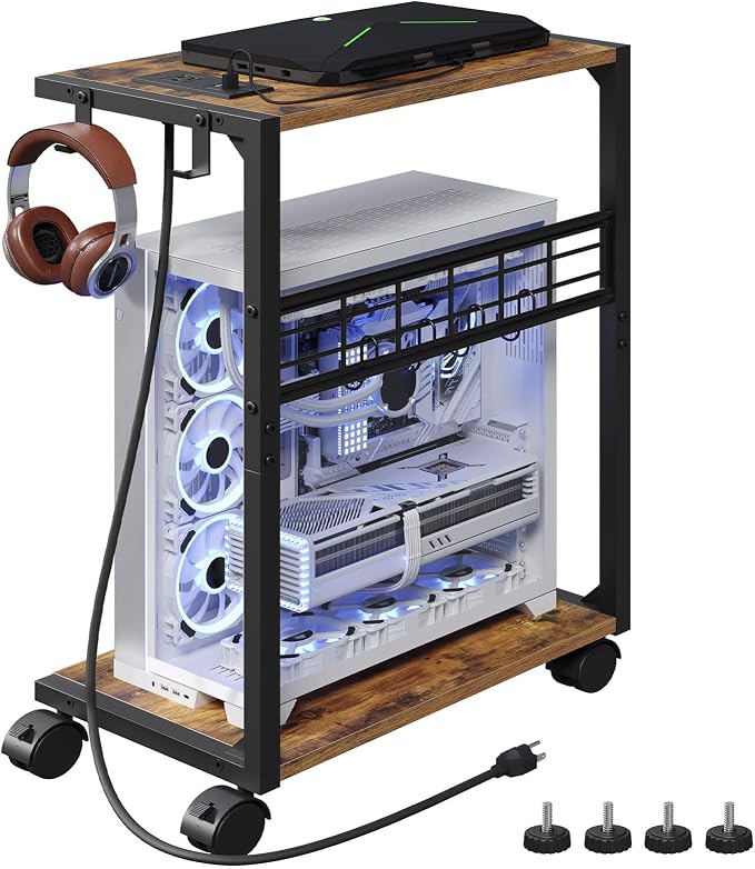 PC Stand, Computer Tower Stand with Charging Station, 16.9"W x 11.4"D x 27.6"H, Computer Cart with Wheels and Hooks, CPU Holder for Carpet, Floor and Under Desk, Easy Assembly, Rustic Brown