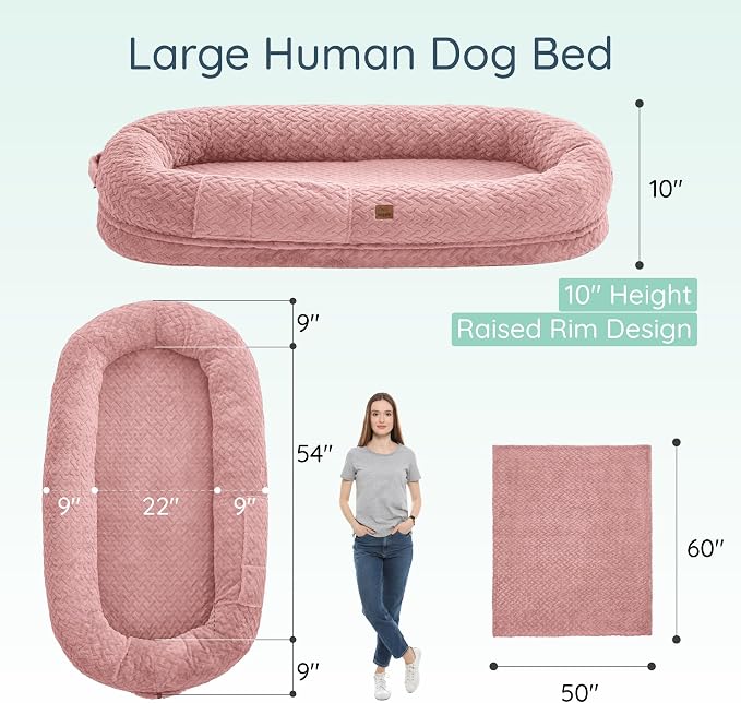 ChiXnuggle Orthopedic Human Dog Bed,with Faux Fur Washable Cover,Blanket | dusty pink,72*40*10,giant dog bed for adult or extra large dogs,egg crate foam,non-slip bottom