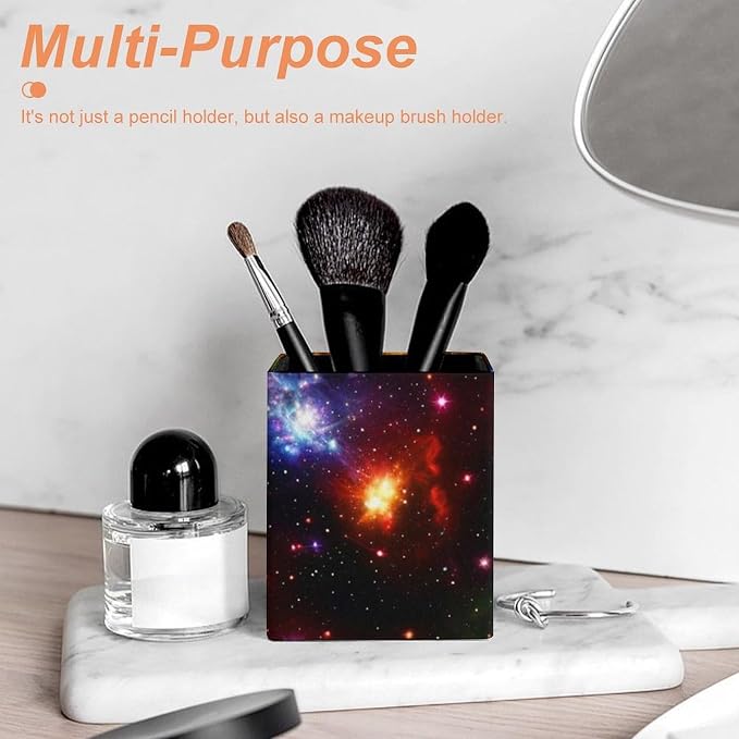 Pen Pencil Holder for Desktop, Pu Leather Stationery Organizer Colorful Rainbow Galaxy Square Pencil Cup Office Accessories Container Box