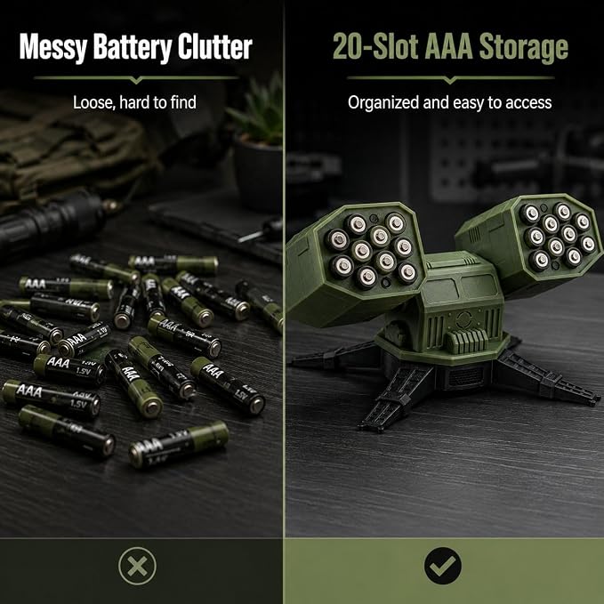 Rotatable Missile Launcher Desk Organizer - Multifunctional Pen Holder and AAA Battery Storage (Holds 20 AAA), Tactical Military Desk Accessory, Office Decor Gift for Men Geeks Gamers
