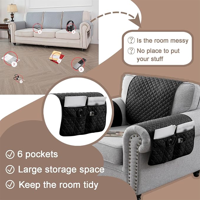 Water-Resistant Sofa Armrest and Headrest Covers with Side Pocket | Keep remotes close quilted polyester helps guard against wear, pet scratches, and kids' messes silicone backing adds grip