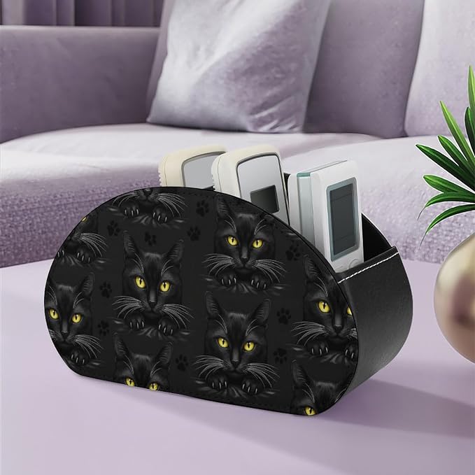 Remote Control Holder for Table Black Cat Gothic Desktop Storage Box | Makeup Brush Caddy with 5 Compartments, Black Cat Gothic Bedside Table Organizer Office Supplies