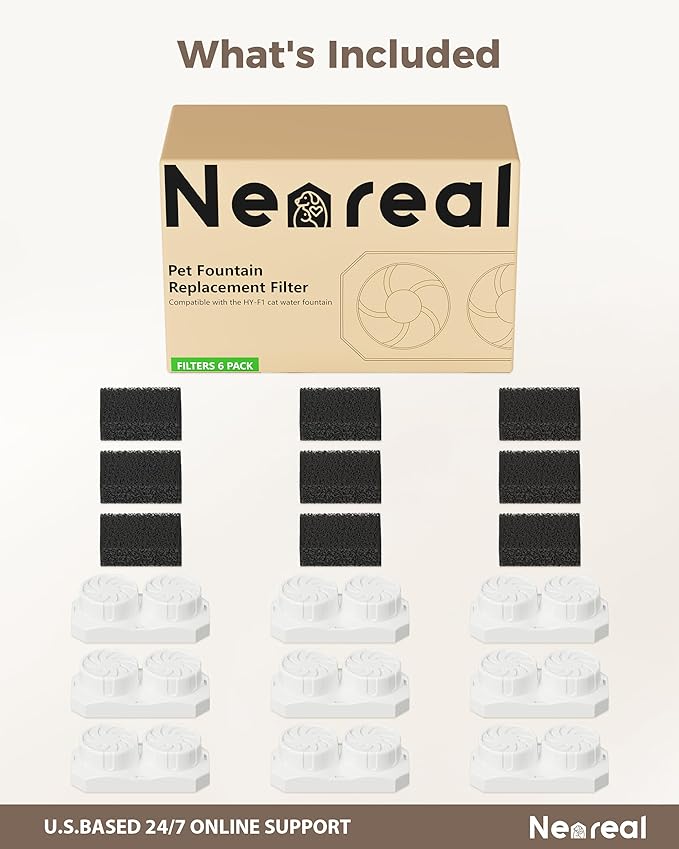 Neareal Official 9 Pack Replacement Filters & Pre-Filter Sponges for 74oz/2.2L Stainless Steel Cat Water Fountain