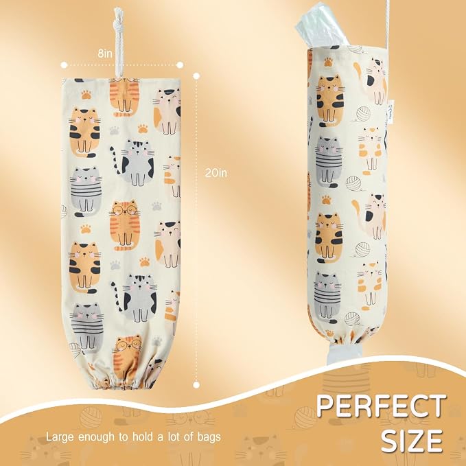 Plastic Bag Holder, Reusable Grocery Bag Holder for Plastic Bags Groceries Store, Flower Canvas Trash Plastic Bag Organizer Storage Holders for Home Kitchen Pantry Decor (Pretty Cat)