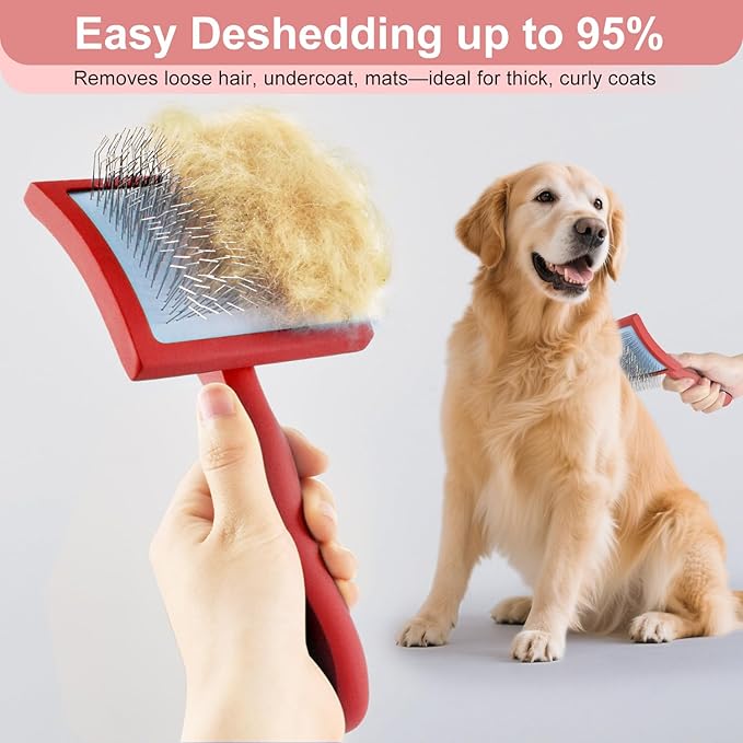 Slicker Brush for Dogs, Slicker Brush for Doodles Long Haired Dog, Goldendoodle Long Pin Detangler for Dematting, Dog Slicker Brushes for Grooming (Large Curved)(Red)