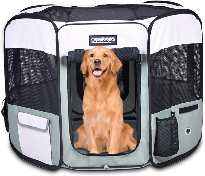 JESPET 61" Pet Dog Playpens, Portable Soft Dog Exercise Pen Kennel with Carry Bag for Puppy Cats Kittens Rabbits,Shale Green | 2-Door, Easy to Fold, Ground Stakes, Zipper Locks, Large Storage Pocket, Washable Top Mesh Cover & Bottom Cover