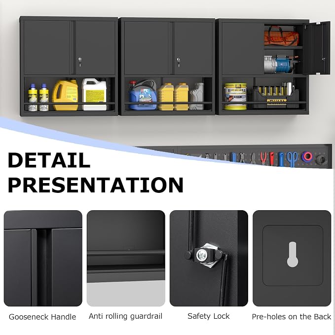 Metal Wall Cabinet, Garage Wall Cabinet with Lock, Wall Mounted Heavy Duty Steel Tool Cabinet with Door and Shelf, Locking Cabinet for Garage Warehouse Bathroom Kitchen, Black