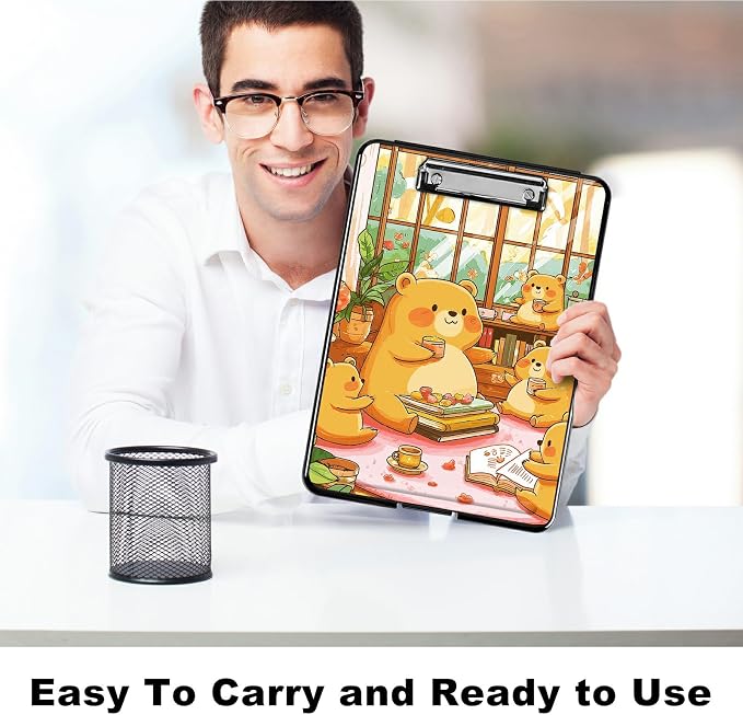 Heavy Duty Storage Clipboard, Slim Nursing Clipboard with Internal Pen Case, Portable File Organizer Case for A4 Letter Size Paper Office Medical Professionals, Bear Lunch