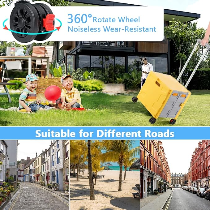 Foldable Shopping Utility Cart Portable Rolling Crate Handcart with 360°Rotate Wheel,Hidden Lid,Telescoping Handle Collapsible for Travel Shopping Moving Storage Office Use(Yellow/Gray)