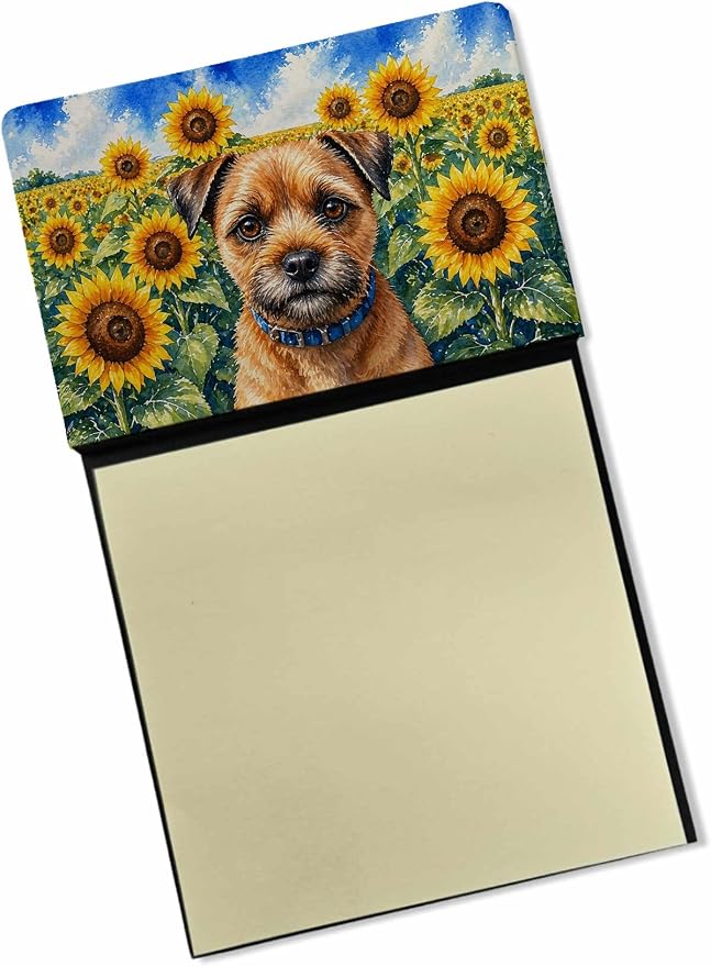 Caroline's Treasures Border Terrier in Sunflowers Watercolor Sticky Note Holder Refillable Dispenser Desk Accessory 3x3 Pad Gift