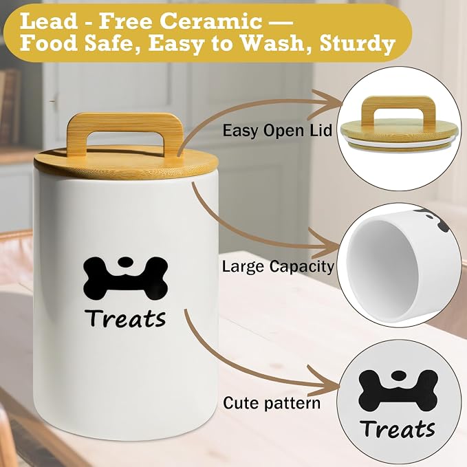 Dog Treat Container Airtight - 5 Inch Wide x 8.7 Inch White Ceramic Dog Treat Jar for Kitchen Counter, Doggie Cookie Jar with Airtight Bamboo Lid - Farmhouse Style Dog Food Storage Container
