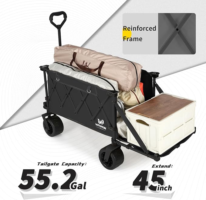 Whitsunday Collapsible Folding Wagon Heavy Duty Utility Beach Wagons with Opened Tailgate and All-Terrain Wheels for Camping,Garden,Sports Black