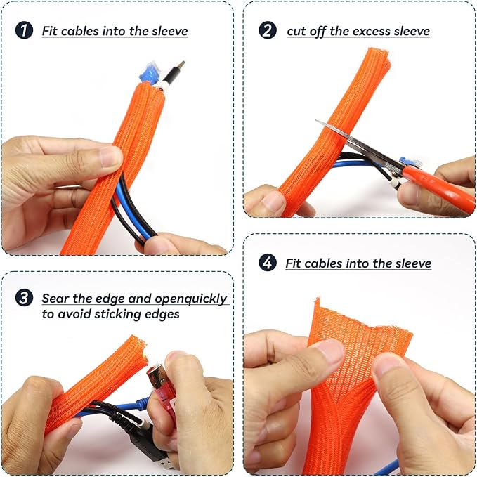 Wire Loom Tubing, 10ft Split Braided Cable Management Sleeve, Flexible Mesh Cord Protector Cable Sleeve for TV Computer (Orange, 3/4")