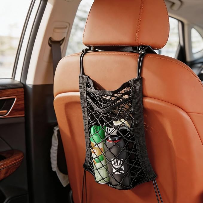 3-Layer Car Mesh Organizer - Backseat Storage & Pet Barrier for Small Dogs | 11"x8.3" net fits headrests or between seats. Holds bottles, umbrellas, tissues, toys. Keeps small dogs (<22lb) from front.