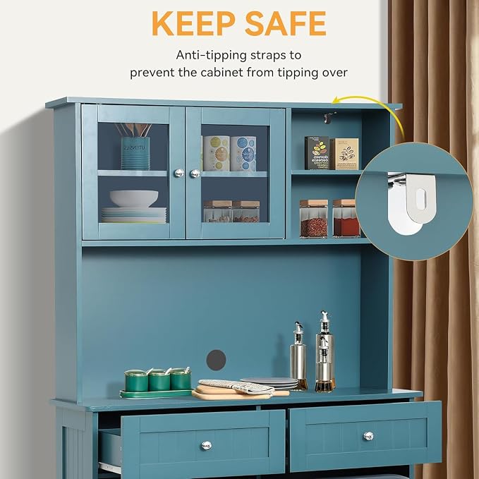 LOUVIXA 68.4" Kitchen Pantry Storage Cabinet, Freestanding Cupboard with Shelf, 2 Drawers and 2 Tilt Out Trash Cabinet, Tall Cabinets for Kitchen, Dinning Room, Living Room (Deep Teal, Double Tilt)