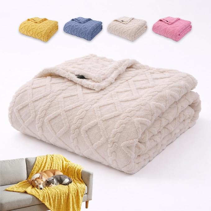 Emotional Support Blanket Yellow for Dogs, Soft Plush Polyester Dog Blanket with Cable Knit Pattern, Blanket for Couch, Bed, Crate, Car, Machine Washable (Beige, 70 * 100 cm/27.55 * 39.37in)