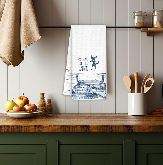 Chihuahua Lake House Decor Dish Towels,Lake House Gifts,Funny Lake Dog Kitchen Towels Decorative,Dog Lover Mom Gifts Hand Towels Drying Cloth for Kitchen Bathroom Decor,16x24 Inch