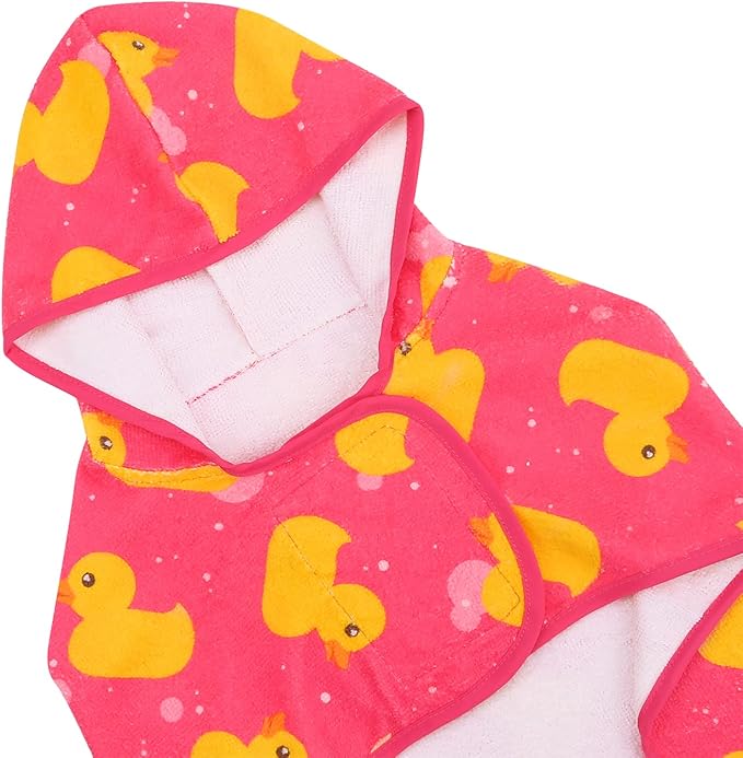 HDE Dog Bathrobe Super Absorbent Quick Drying Puppy Towel Wrap Coat Adjustable After Bath Robes with Hood for Dog Sizes S-XXL Pink Rubber Ducks XXL